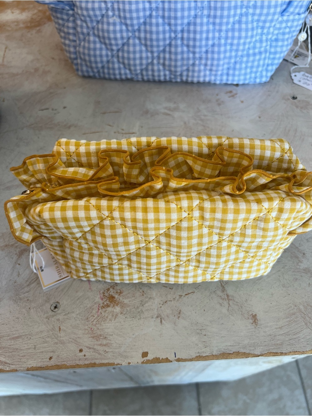 Shiraleah Yellow Gingham Quilted Ruffle Cosmetic Pouch or baby bag
